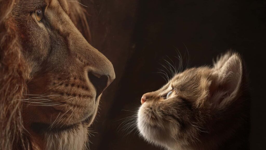 A small cat facing off with a lion, symbolizing a small Personal Injury firm competing with the big firms