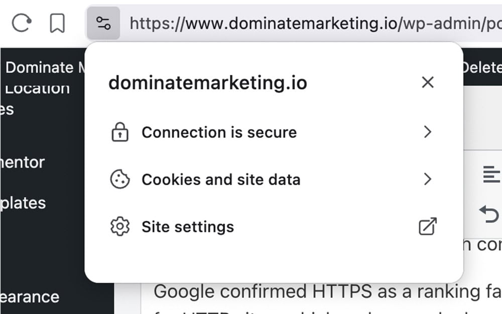 Screenshot of HTTPS enabled on a URL