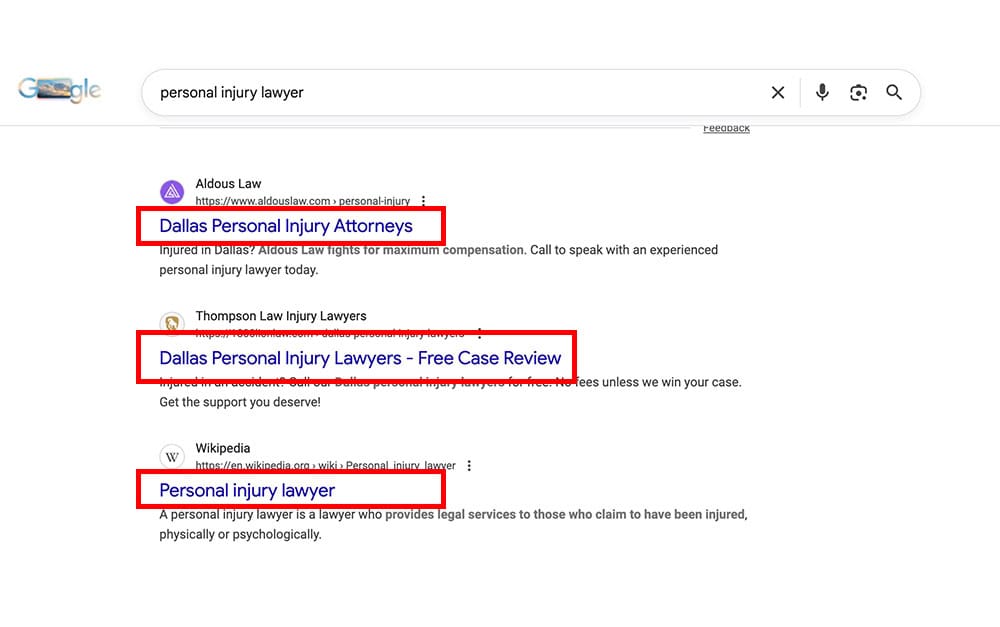 Screenshot of meta titles in Google search results