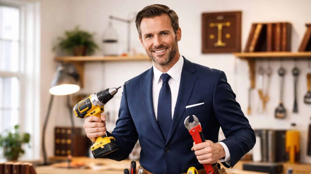 A personal injury lawyer holding a wrench and a drill, representing doing DIY SEO