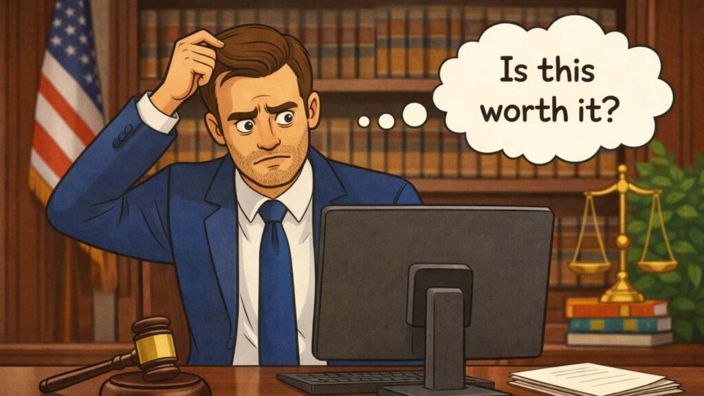 A personal injury attorney sitting at his computer wondering if his PPC campaign is worth it