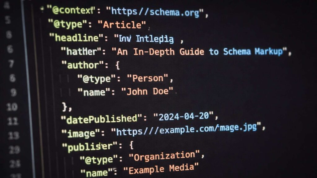 Closeup of schema markup code for personal injury SEO