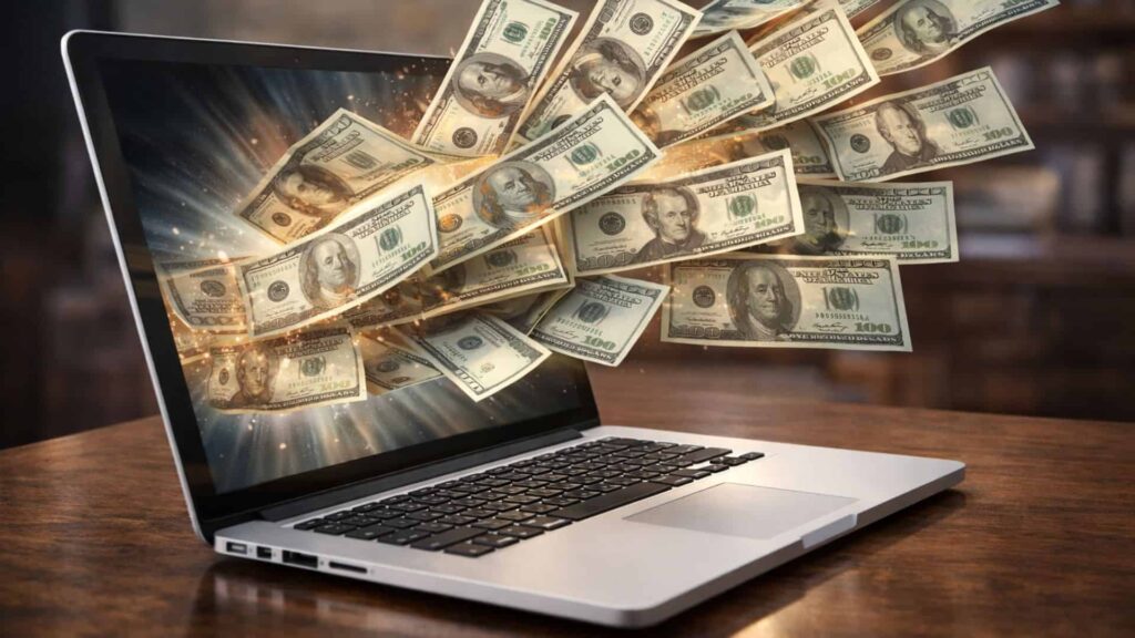 A personal injury lawyer's laptop shooting out money from the screen from all the cases his website gets