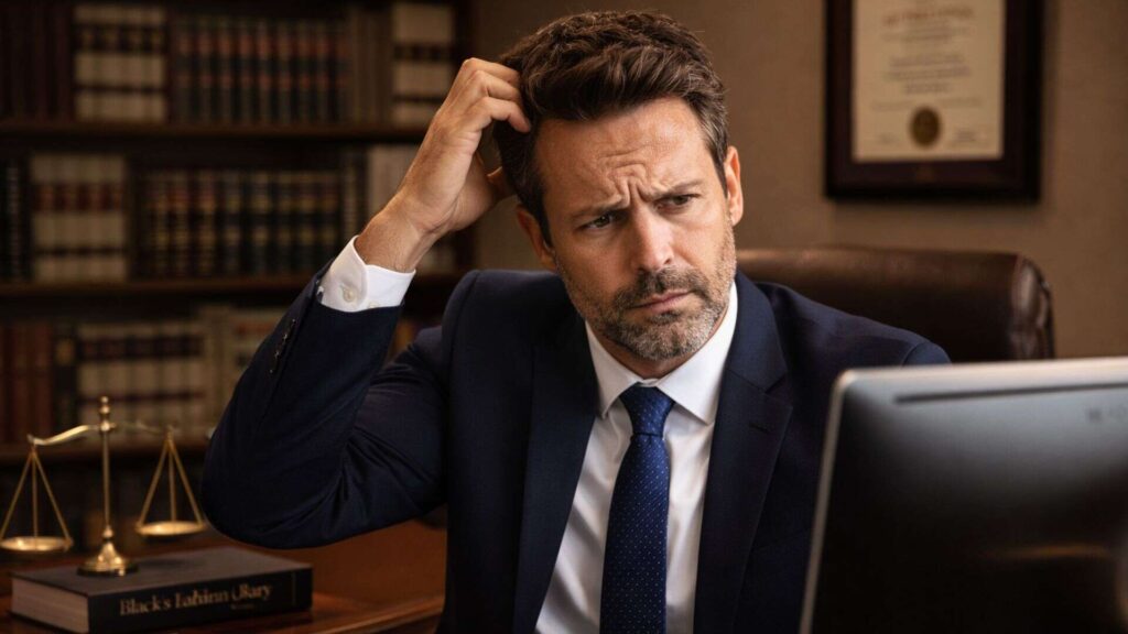 A personal injury lawyer at his desk looking at his computer and scratching his head, wondering if SEO really works