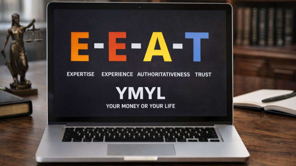 A laptop in a personal injury lawyer's office with EEAT and YMYL on the screen