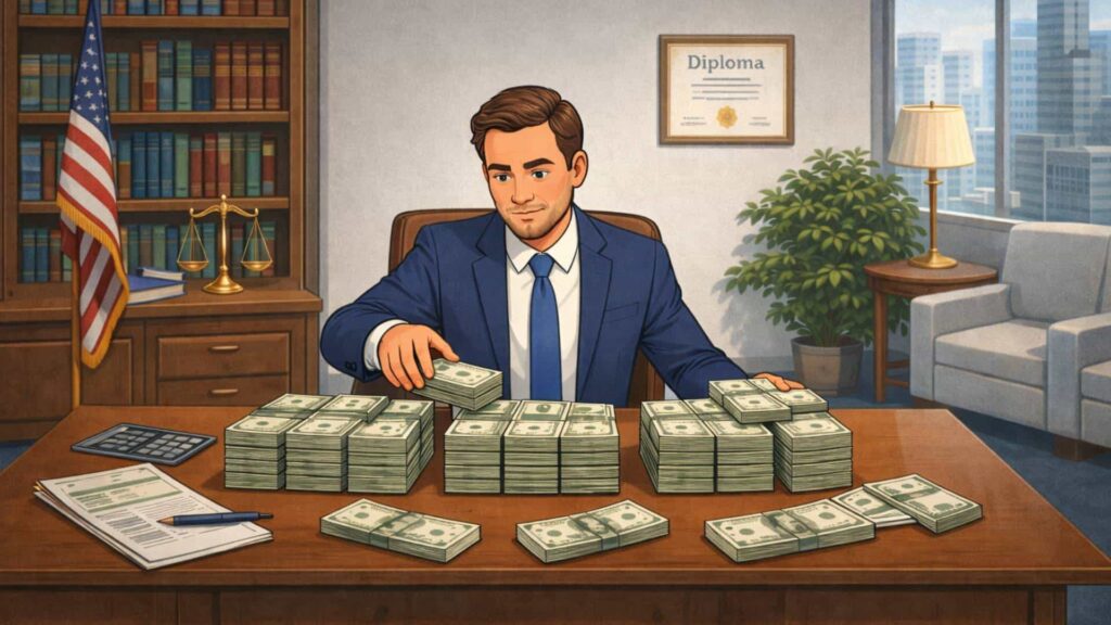 A personal injury attorney separating piles of money on his desk, deciding how much to invest in SEO