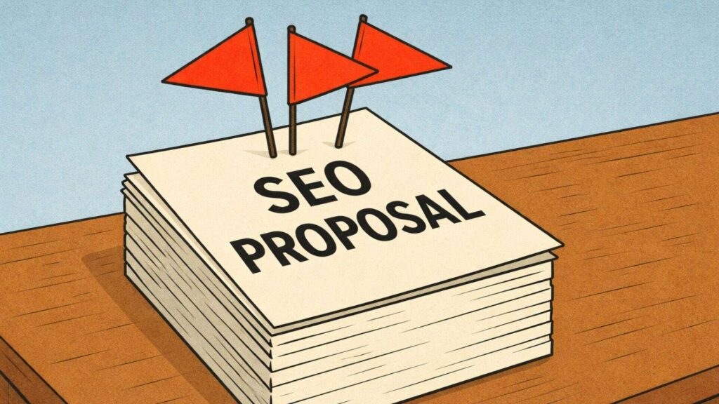 A cartoon depiction of a personal injury SEO proposal with red flags sticking out of it