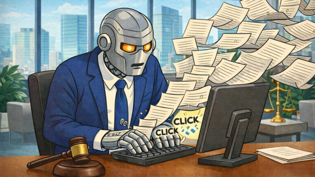AI robot furiously typing SEO content on a computer for a personal injury firm as papers fly around him