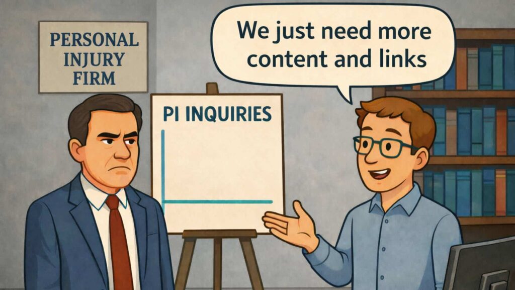 A personal injury attorney with a graph showing no increase in inquiries, and an SEO expert saying they "just need more content and links"