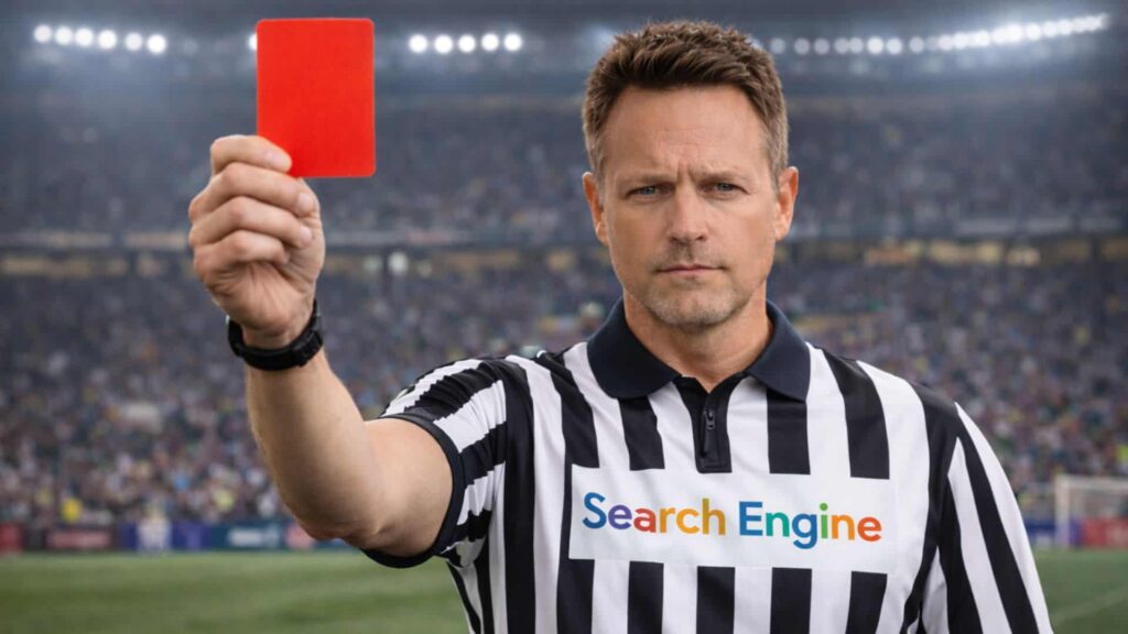 A referee holding up a red card, depicting a search engine giving an SEO penalty