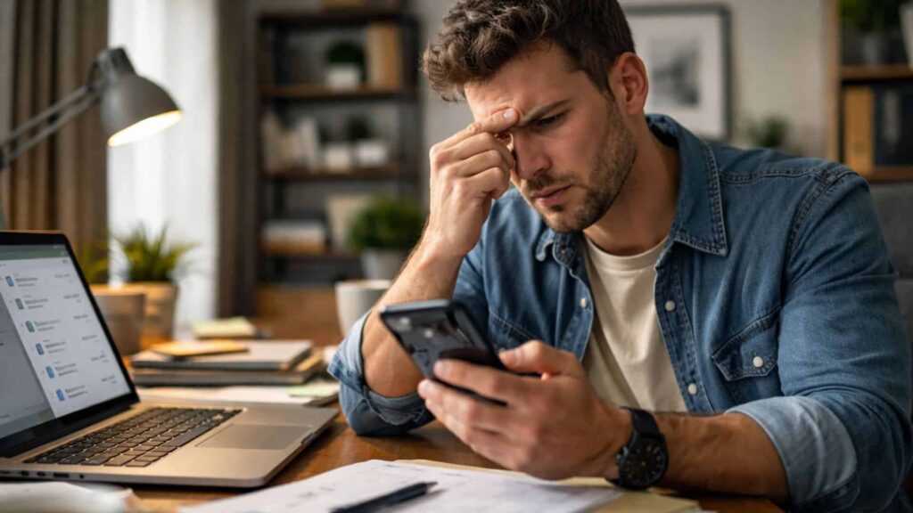 A man on his mobile searching for a personal injury lawyer, looking frustrated as the website doesn't work properly