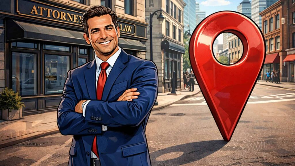 A comic image of a personal injury lawyer standing outside his local office looking proud of his local SEO efforts