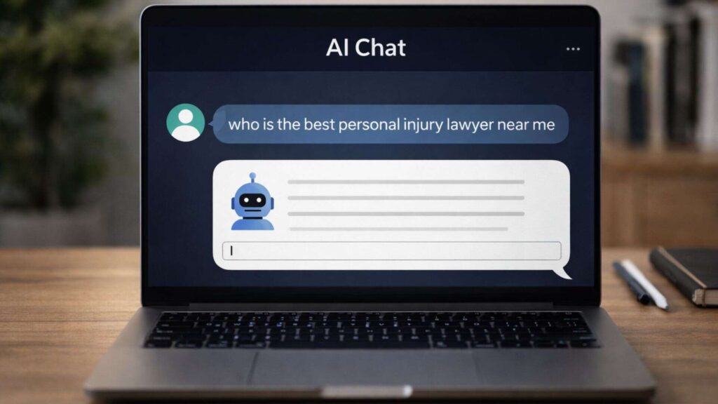 A laptop showing an AI chat interface, with a user message asking who's the best personal injury lawyer near them