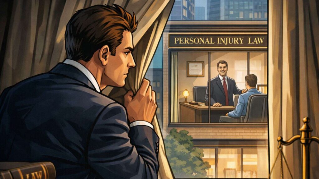 A personal injury lawyer spying on his competitor across the street