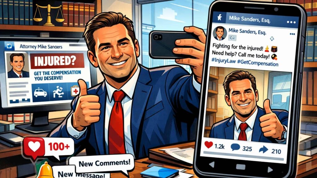 A comic style image of a personal injury lawyer posting on social media