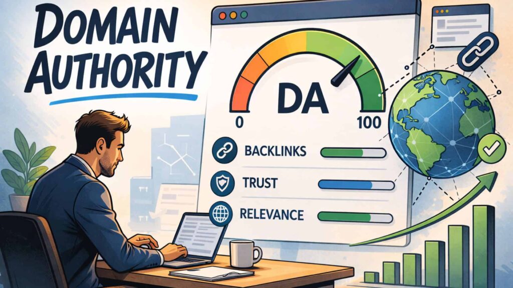 A graphic depicting domain authority and a personal injury lawyer working on his SEO on his laptop