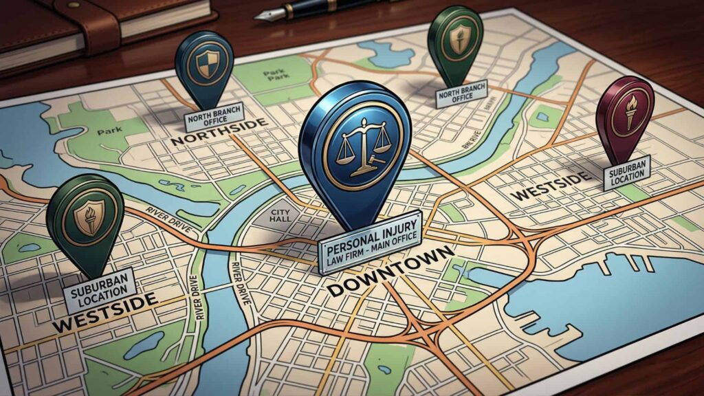 A close up of a map showing personal injury firm locations around the city