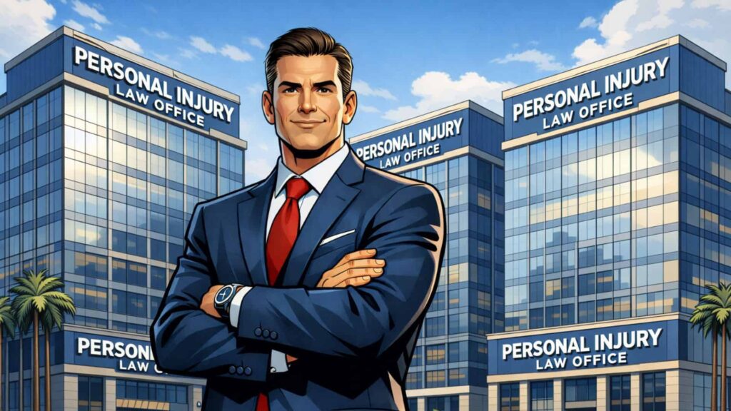 A personal injury lawyer standing in front of his multi-location firm