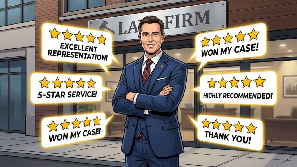 A cartoon of a personal injury lawyer in front of his office with reviews popping up around him